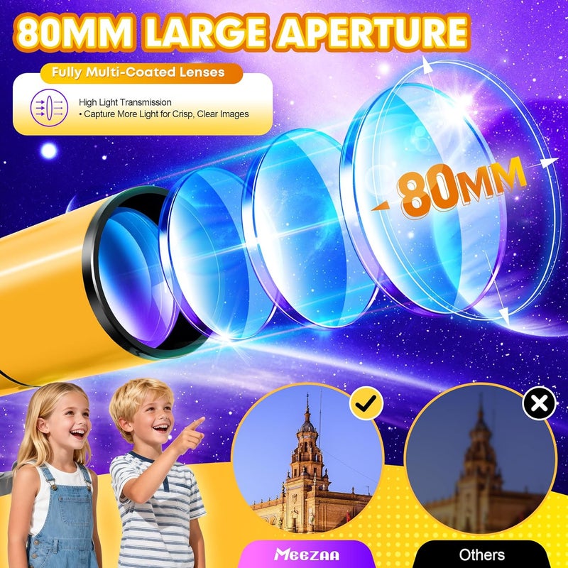 MEEZAA Telescope for Adults & Kids, 80mm Aperture 500mm Portable Refractor Telescope for Astronomy Beginners, Professional Travel Astronomical Telescopes with Tripod, Stickers, Phone Adapter, Backpack - Image 2
